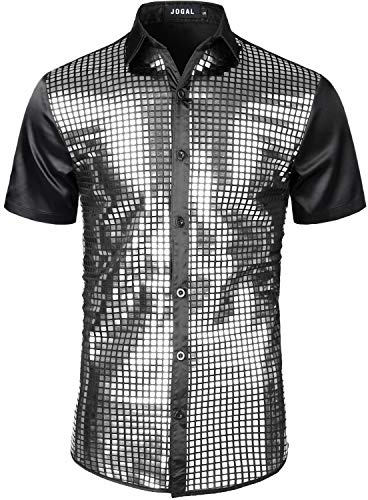 JOGAL Herren Pailletten Hemd 70er Kurzarm Disco Party Kostüm X-Large SchwarzSilber