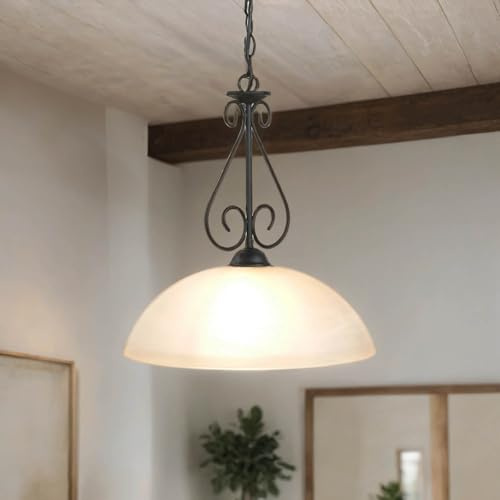Licht-Erlebnisse Pendelleuchte Esstisch, Esszimmerlampe, Schwarz, Weiß, Landhaus, Rustikal, Glas Schirm, Ø40 cm, E27, Küchenlampe, Wohnzimmer Hängelampe