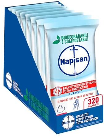 Napisan Salviette Disinfettanti Total Protection, Confezione da 8 Pacchi x 40 Salviette Disinfettanti Biodegradabili e Compostabili Multisuperfici