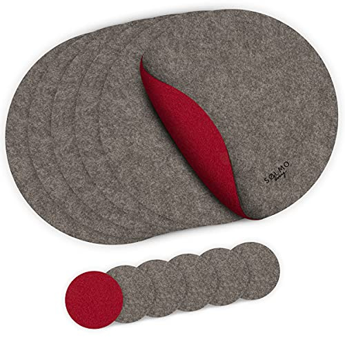 sølmo I Platzsets aus Filz - Rund Zweifarbig - Tischset mit Untersetzer I Filzuntersetzer Platzdeckchen, Untersetzer Teller + Glas Untersetzer-Set, Grau Rot