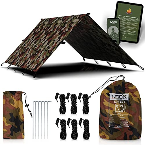 LEÓN Goods® : Tarp 3 x 3 metri [+ passante interno] motivo mimetico. Adatto per amache (telaio A). 19 + 1 punti di tensionamento, Starter Set con picchetti e paracord. (Camouflage 3 x 3 metri)