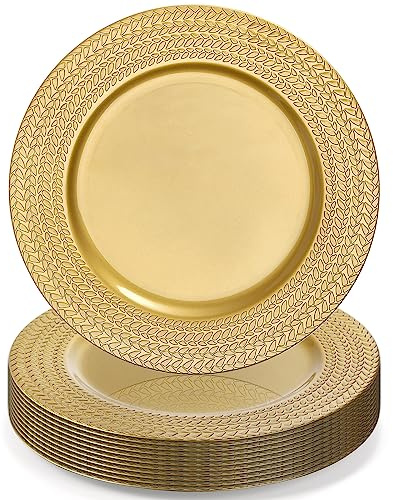 SOUJOY 12 Pack Plastic Gold Charger Plates, 13 Inch Dinner Plate, Leaf Trim Antique Charger Plate for Weddings, Parties, Anniversary, Thanksgiving, Christmas