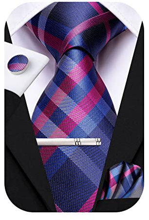 Hi-Tie Krawatten-Set für Herren, Seidenkrawatten für Herren, Pink, Blau, Schwarz, 4-teilig, Krawatte, Einstecktuch, Manschettenknöpfe, Clip für Hochzeit, Marineblau, Rosa, M