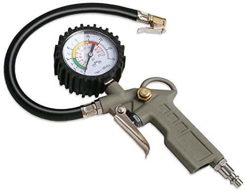 LadFath Tire Inflator with Pressure Gauge, 0-220PSI Dial Wheel Air Tire Pressure Gauge, Heavy Duty Rubber Hose with Quick Coupler, Air Compressor Tire Inflator Attachment for Cars Motorcycle Bike