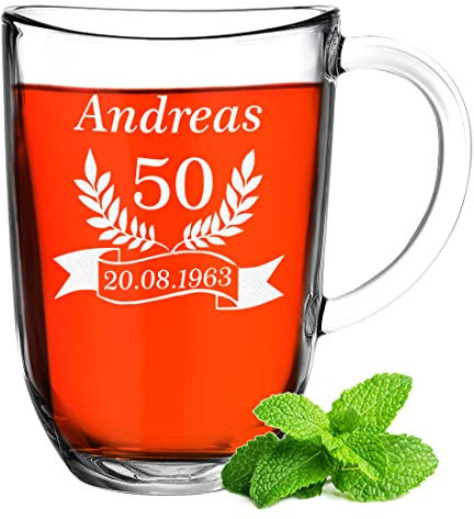 Glas Teebecher Leonardo mit Gravur - personalisierter Glasbecher 380 ml - Thermotasse - isoliert - heißer Tee und Kaffee - Jubiläumsgeschenk - Geschenk für Männer und Frauen - Mokkatasse Teetasse