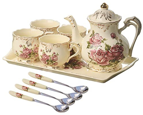 Europäisches Nachmittagsteeeset, Porzellan, florales Vintage-Kaffeeset, China-Teetassen mit Teekanne, Serviertablett und Teelöffel für Teeparty, Geschenke und Hochzeit (Rosenmuster)