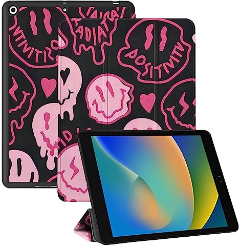 Cabreche Compatible con iPad 10.2 Inch Case,9th /8th /7th Generation Case (2021/2020/2019) Trifold Trasero Duro,Auto Sleep/Wake Cover,for Women Cute Aesthetic Preppy Face-Black Pink