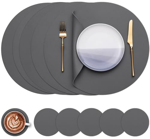 Myir JUN Tischsets abwaschbar und Untersetzer Tischsets Rund Ø 38cm | 6er Set Rund Platzsets wasserdichte Platzdeckchen abwaschbar doppelseitige rutschfeste Kunstleder Tischsets in Lederoptik