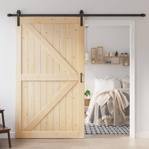 ROYMELO 48x84 inch Sliding Barn Wood Door Slab with 8ft Hardware Kit, Requires Simple DIY Assembly