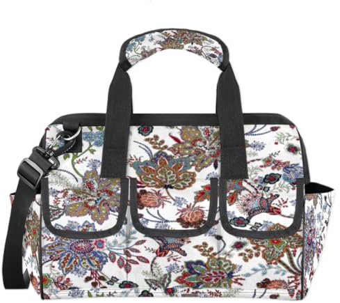Borsa per attrezzi vintage a forma di fiore, borsa per attrezzi da giardino, multitasche, a bocca larga, resistente, impermeabile, con tracolla regolabile (motivo floreale etnico)