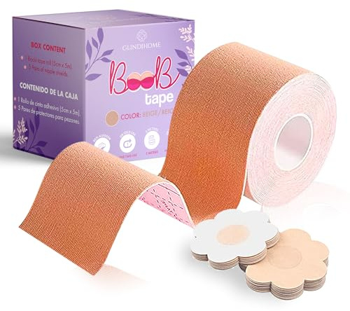 GLINDIHOME Cinta Adhesiva Pecho 5m. Incluye: 1 Rollo Boob Tape + 10 Pezoneras Tela. Sujetador Invisible para Cualquier Ocasión.