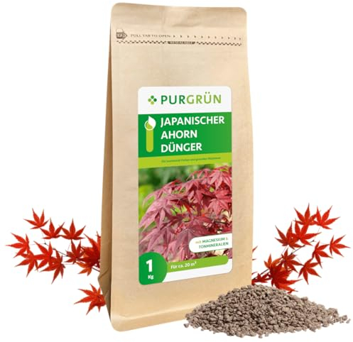 Purgrün® Japanischer-Ahorn-Dünger 1 kg – Organisch-mineralische Rezeptur – Feinkörniges Krümelgranulat – NPK 5+4+6 – Extra Magnesium für eine intensive Blattfärbung – Verbessert die Bodenqualität