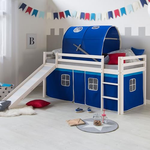 Homestyle4u Kinderhochbett 90x200 cm Weiß - Kiefer Spielbett mit Rutsche | Hochbett inklusive Lattenrost, Vorhang in Blau, Tunnel und Leiter. Massivholz Kiefer für das Kinderzimmer.