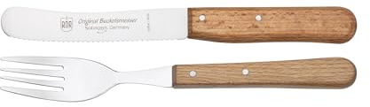 RÖR Besteck Set 2-teilig Buckelsmesser mit Wellenschliff und Gabel - rostfrei mit Buchenholzgriff