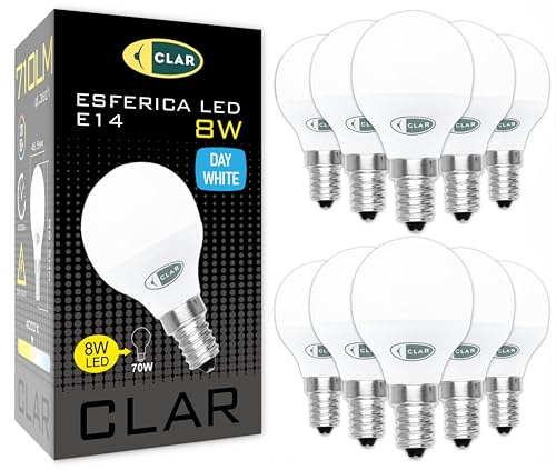 CLAR - Lampadine LED E14 8W, Sfera Luce, Senza Fili, Piccole, Luce Fredda (Confezione da 10)