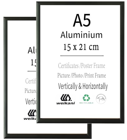 Lot de 2 cadres photo A5 en aluminium noir - 15 x 21 cm - Pour certificat, montage mural ou sur table