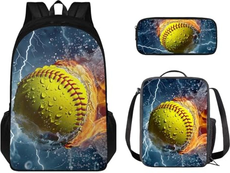 STUOARTE Kinder-Rucksack-Set, 3-teilig, große Kapazität, Schultasche, Lunchbox für Studenten, leichte Büchertasche, Federmäppchen, Water Fire Softball, Blau und Gelb, Einheitsgröße, Kinderrucksack