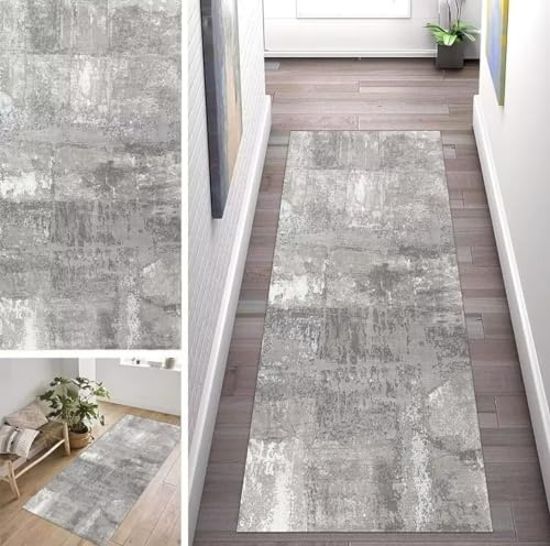 ZUZEKU Abstrakte Grau Läufer Flur Küche Waschbar rutschfest 80X300cm Vintage Lang Küchenteppich Flurteppich Teppich Fur Korridor Wohnzimmer Schlafzimmer Meterware Anpassbar