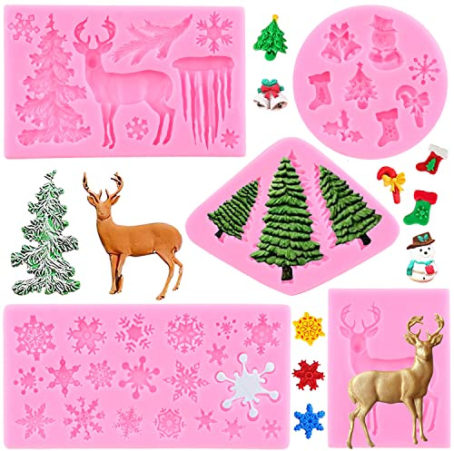 RFGHAC Lot de 5 moules en silicone pour gâteau de Noël, sapin de Noël, cerf, flocon de neige, élan, fête de la Reine des neiges, outils de décoration pour cupcakes, chocolat, bonbons, pâte à sucre