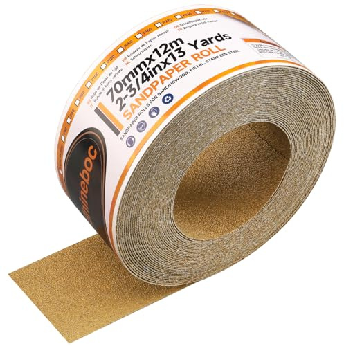 Shineboc 70 mm x 12 m Papier de verre autocollant, Rouleau de papier abrasif, Pour le bois, le métal, le plastique, l'automobile, le bloc de ponçage, Grain 60