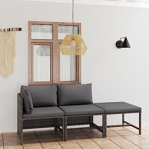 KATERYY 3-TLG. Garten-Lounge-Set mit Kissen Poly Rattan Grau,Graues LoungeSet aus Polyrattan mit Sitzund Rückenkissen für Terrasse und Garten