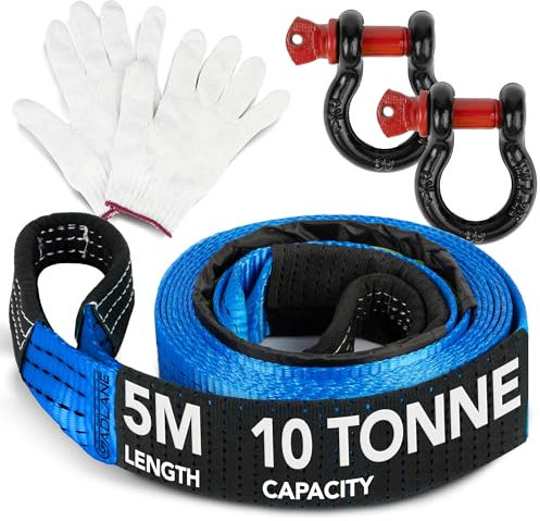 GADLANE Hi Vis Tow Rope - 5m x 5cm Thick, 10-Tonne Capacity (22,000Lbs) Wear-Resistant Polyester with Reinforced Ends, UV Coated Tow Strap, Heavy Duty D-Ring Shackles, Storage Bag & Gloves - BLUE
