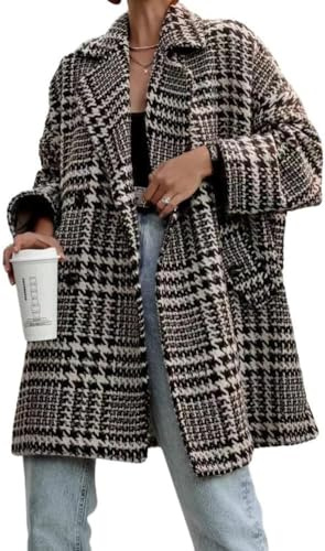 Suncadmious Manteau d'hiver en Laine Pied-de-Poule à Double Boutonnage pour Femmes, Trench-Coat d'hiver Formel à Carreaux à Revers cranté