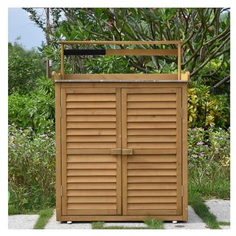 Armadietto portaoggetti da esterno e tavolo da vaso, armadio da esterno resistente alle intemperie, tavolo da giardinaggio in legno, per giardino, patio, spazio esterno, tavolo da lavoro (marrone)