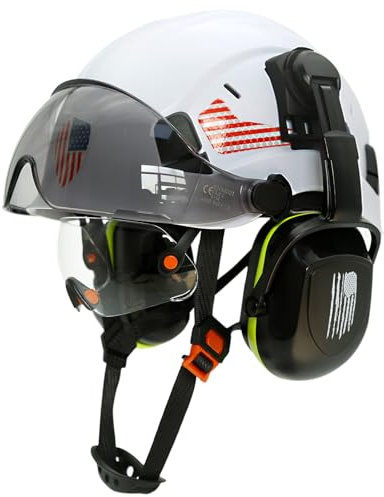 Perldverge OSHA Approved Construction Hard Hat with Dual Visor and Ear Protection -White Hard Hats with Clear Visor Sun Glasses and Hearing Protection,Chainsaw/Arborist Safety Helmet with Chin Straps