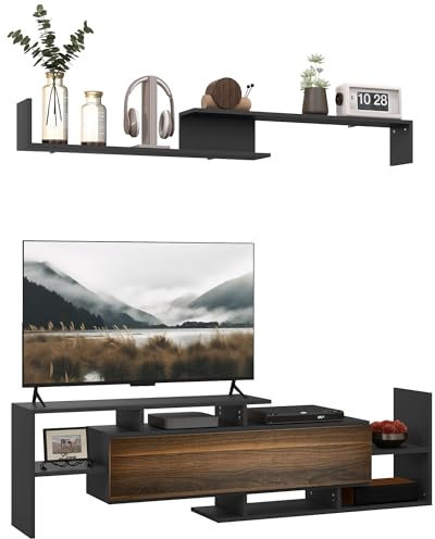 HOMCOM Mobile TV con Mensola a Muro, Ripiani Aperti e Armadietto in Legno, Mobile TV Moderno per Soggiorno e Camera da Letto, Nero e Marrone