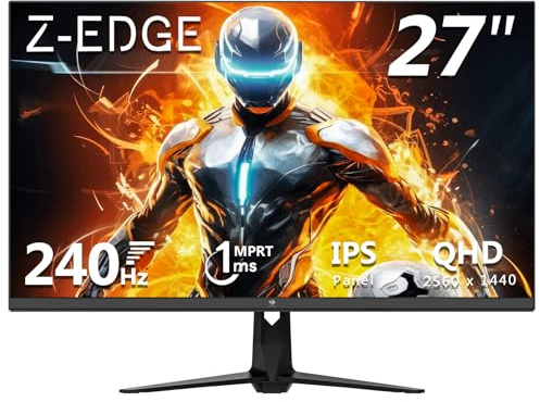 Z-Edge 27 Zoll 240Hz QHD Gaming Monitor IPS Monitor 1ms 2560x1440 LED Monitor, 400cd/m² Helligkeit, HDR10, FreeSync, DisplayPort (240Hz), HDMI (144Hz), VESA Kompatibel - Schwarz