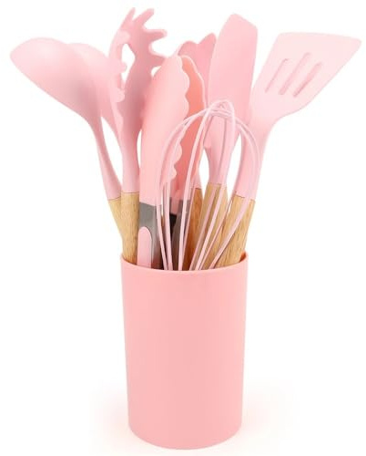FOVAOK Silikon-Küchenutensilien, Spatel, Schaufel, Suppenlöffel, Kochwerkzeug mit Aufbewahrungseimer, antihaftbeschichteter Holzgriff, Küchenhelfer (Rosa), 12 Stück