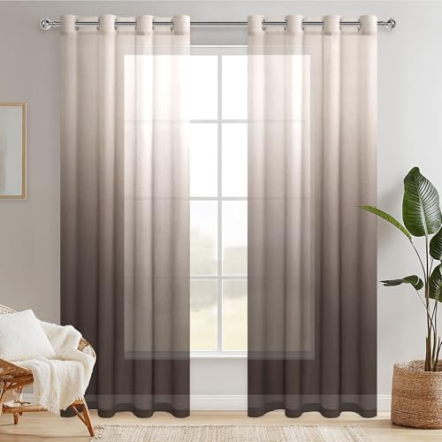 Hiasan Gardinen mit Ösen Vorhänge Farbverlauf Halbtransparent Wohnzimmer | Braun 140x245cm 2er Set, Ösenvorhang Gardine Vorhang aus Voile sanftes Licht moderne Dekoschal für Schlafzimmer Kinderzimmer
