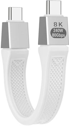 Seminer Câble plat court USB-C vers USBC 240W (13 cm), Compatible Thunderbolt 5/4 à 80 Gbit/s, Charge Rapide, OTG et Prise en Charge de L'affichage 8K pour tous les Appareils Type-C-Blanc