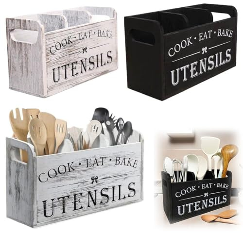 Soporte para utensilios de cocina, soporte extra grande para utensilios de cocina con 3 compartimentos, organizador de utensilios de cocina de madera, organizador de utensilios de cocina rústico para