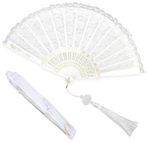 Raheem White Lace Folding Fan Elegant Manual Fan with Silk Storage Bag Perfect Bridal Fan for Weddings Parties & Special Occasions