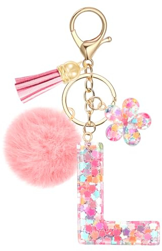 JSRQT Initial Letter L Keychain for Girls, Cute Pink Flower Resin Alphabet Keyrings, Flower Bag Charm Pendants with Sequins and Pink Poms, Car Keyring for Women Handbags Backpack Decor