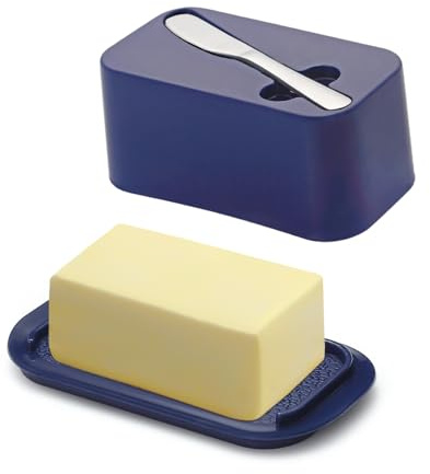 Evanda Plato de mantequilla con tapa para encimera y estante de la puerta del refrigerador con cuchillo untador de mantequilla, contenedor de bandeja de plástico para soporte de mantequilla
