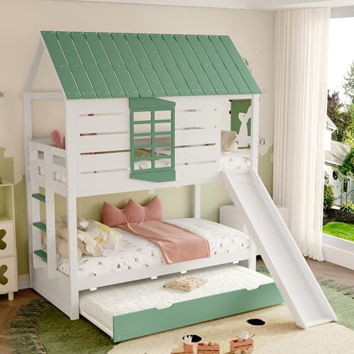 90 x 200 cm, letto a castello con scivolo e 2 cassetti, bianco + verde (verde + bianco)