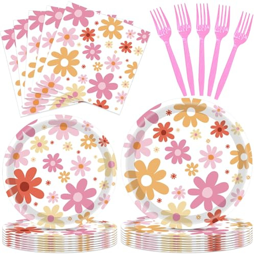 96PCS Daisy Groovy Party Decoration Colorful Daisy Birthday Party Tableware Include Flower Paper Plates Napkins Forks Disposable Party Supplies Decorations for Girl Birthday Baby Shower