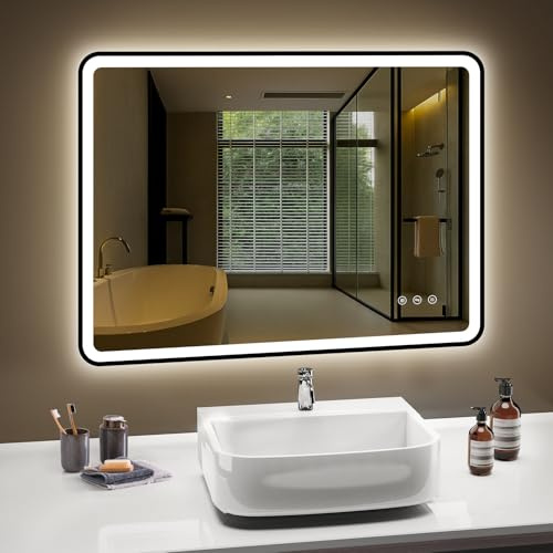 PESENXAN LED Spiegel Bad 80 x 60 cm mit Beleuchtung – Antibeschlag & IP44 Wasserdicht, 3 Einstellbare Lichtfarben, Dimmbar, Speicherfunktion, Schwarz Aluminiumrahmen, Horizontal/Vertikal Montage