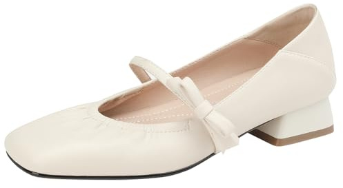 BULVJ Dam, komfort, Mary Jane-skor med låg blockklack, pumps med kvadratiskt tåområde med öglor och slip-on, Beige, 41 EU