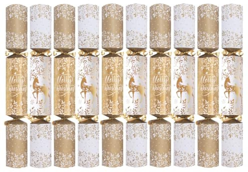 Harvey & Mason Pack of 10 Gold Foil Reindeer Merry Luxury Christmas Crackers - 14 Metallic Design Adults Xmas Holiday Dinner Table Decorations - Novelty Plastic Contains Hats Jokes