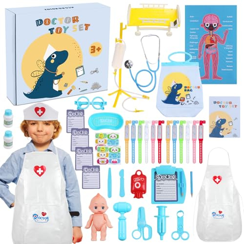 Malette Docteur Enfant - 44PCS Kit Deguisement Docteur Enfant Jouet de Docteur Rôle Jouets avec Stetoscope Mallette Médecin Cadeau pour Garçon et Fille 3 Ans et Plus (Bleu)
