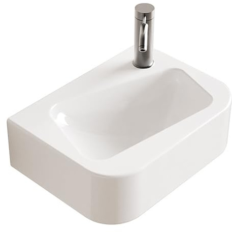 Wall-mounted curved washbasin, small ceramic basin on the countertop, square washbasin, suitable for bathrooms, small bathrooms, dressing rooms (right hand white)