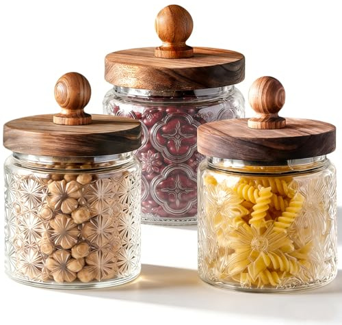 Tel Charme * 3-Pack 500ml Glass Jars with Bamboo Lids, Airtight Vintage Glass Storage Canisters for Kitchen Pantry Coffee Sugar Tea Flour Snacks(Transparent-2)