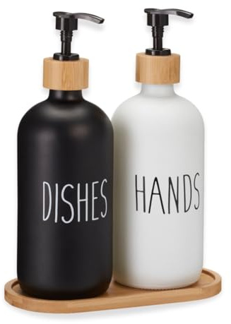 Envenzo Soap Dispenser Set with Tray, 2 x 500 ml Glass Pump Bottles for Hand Soap, Dish Soap and Bathroom or Kitchen Sink, Black and White