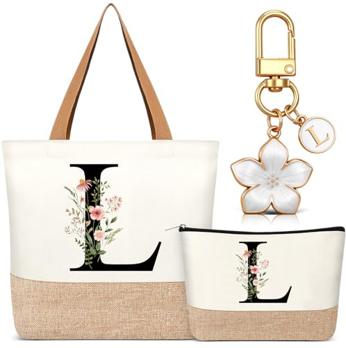 Hestya 3er Set Geschenke für Frauen 1 Personalisierte Canvas Tragetasche mit Initiale 1 Kosmetiktasche Brief Namen 1 Schlüsselanhänger für Freundin Kollegin Geburtstag Hochzeit