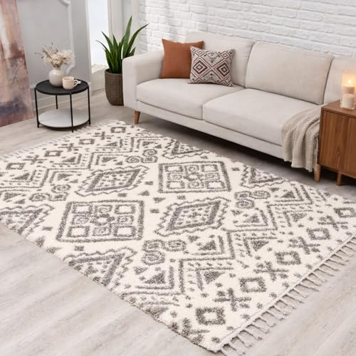 carpet city Hochflor Teppich Shaggy Creme 160x230 cm - Boho-Muster, Fransen & Kettfäden - flauschig weich, kuschliger Schlafzimmer- & Wohnzimmerteppich