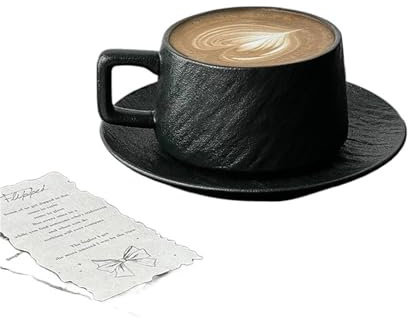 ERHTGUO Retro Stone Pattern Coffee Cup, Simple Ceramic, Latte Flower, Cappuccino Mocha Saucer(Coffee set Black)